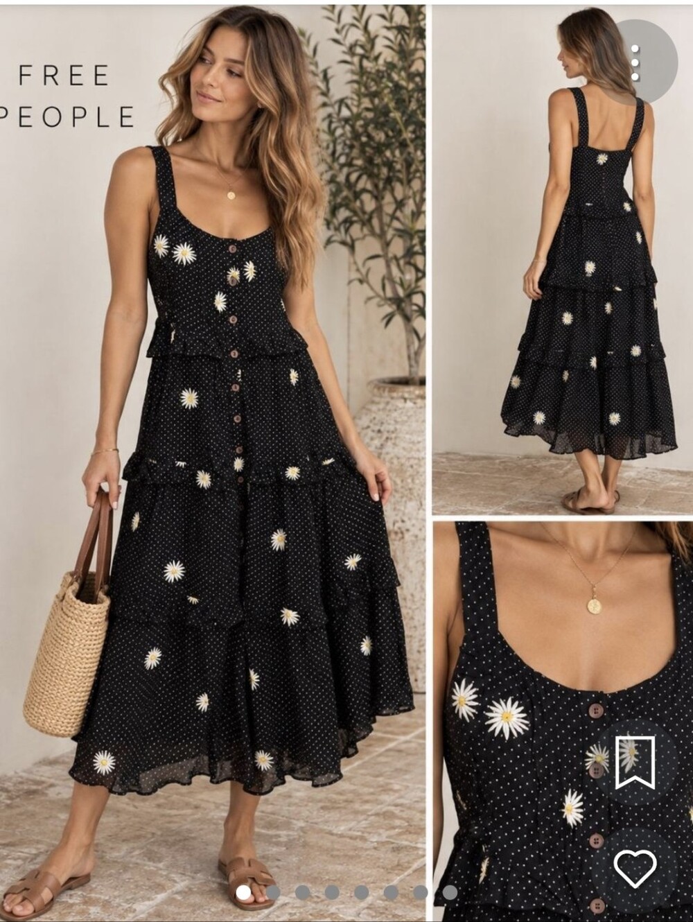 Free People Black Daisy Tiered Midi Dress